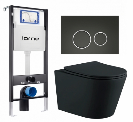 Комплект 3 в 1 инсталляция Lorne Profi LN7002500 +  Унитаз подвесной AQUATEK Вега AQ1905-MB + кнопка черная матовая, окантовка хром Ronde