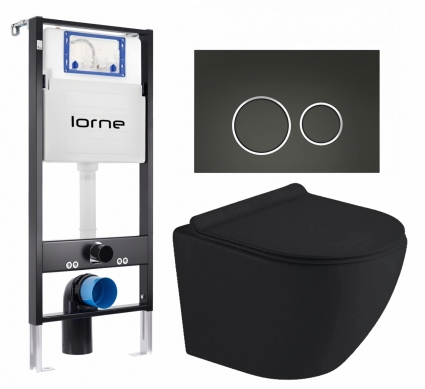 Комплект 3 в 1 инсталляция Lorne Profi LN7002500 + Унитаз подвесной Timo Kulo TK-403MB + кнопка черная матовая, окантовка хром Ronde