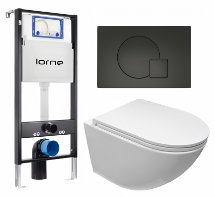 Комплект 3 в 1 инсталляция Lorne Profi LN7002500 + Подвесной безободковый унитаз CeruttiSpa Sella aria CT7183 + кнопка черная матовая Geometriq