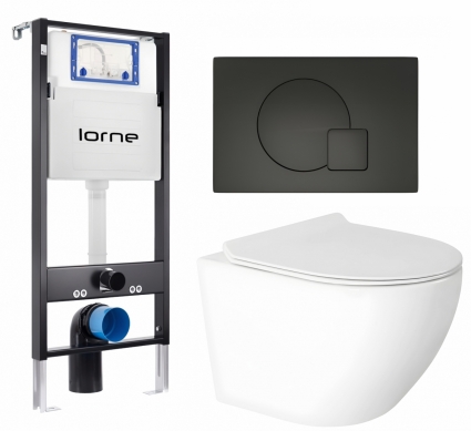 Комплект 3 в 1 инсталляция Lorne Profi LN7002500 +  Унитаз подвесной Enio Indigo EN2870533 + кнопка черная матовая Geometriq