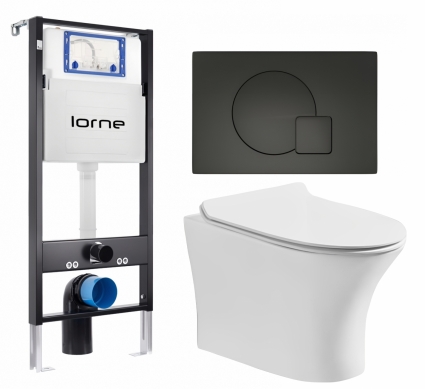 Комплект 3 в 1 инсталляция Lorne Profi LN7002500 +  Подвесной безободковый унитаз CeruttiSpa Bernina aria CT7191 + кнопка черная матовая Geometriq