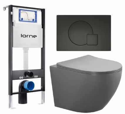 Комплект 3 в 1 инсталляция Lorne Profi LN7002500 + Унитаз подвесной AQUATEK Европа AQ1901-MG  + кнопка черная матовая Geometriq