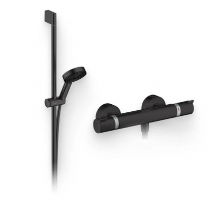 Душевой комплект Термостат Hansgrohe Ecostat Comfort 13116670 для душа, матовый черный + Гарнитур Pulsify Relaxation 105 3jet 24170670 матовый черный, штанга 6.8 см