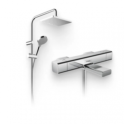 Душевой комплект Термостат Hansgrohe Ecostat E 15774000 для ванны с душем + Стойка Vernis Shape 26282000 Showerpipe 230 1jet Reno хром в современном стиле