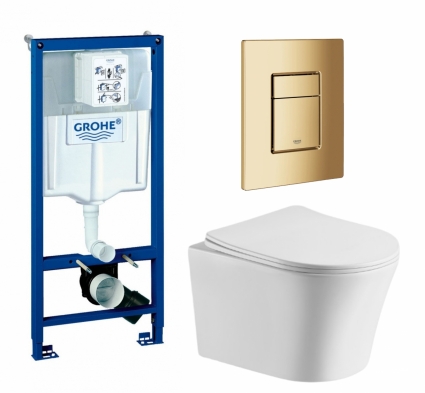 Комплект 3 в 1 инсталляция Grohe Rapid SL + Подвесной унитаз CeruttiSpa Adige Aria CT7837 + кнопка холодный рассвет глянцевая