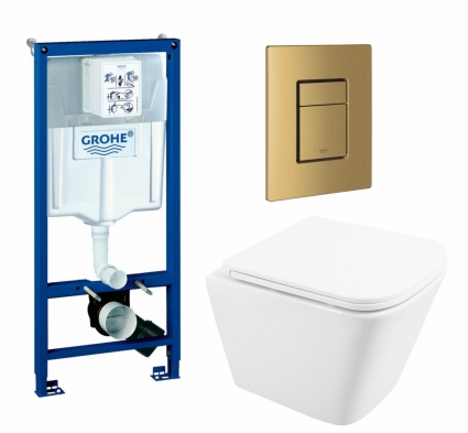 Комплект 3 в 1 инсталляция Grohe Rapid SL + Унитаз подвесной BelBagno Due BB3103CHR/SC + кнопка золото, холодный рассвет матовый