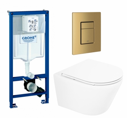 Комплект 3 в 1 инсталляция Grohe Rapid SL +  Унитаз подвесной BelBagno Tre BB8001CHR/SC + кнопка золото, холодный рассвет матовый