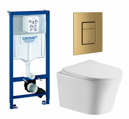Комплект 3 в 1 инсталляция Grohe Rapid SL + Подвесной унитаз CeruttiSpa Adige Aria CT7837 + кнопка золото, холодный рассвет матовый
