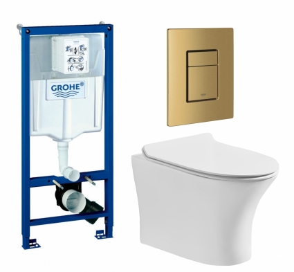 Комплект 3 в 1 инсталляция Grohe Rapid SL + Подвесной безободковый унитаз CeruttiSpa Bernina aria CT7191 + кнопка золото, холодный рассвет матовый