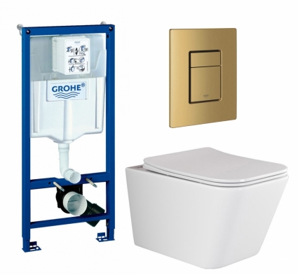 Комплект 3 в 1 инсталляция Grohe Rapid SL + Унитаз подвесной Ceramica Nova Metric Rimless CN3007 + кнопка золото, холодный рассвет матовый