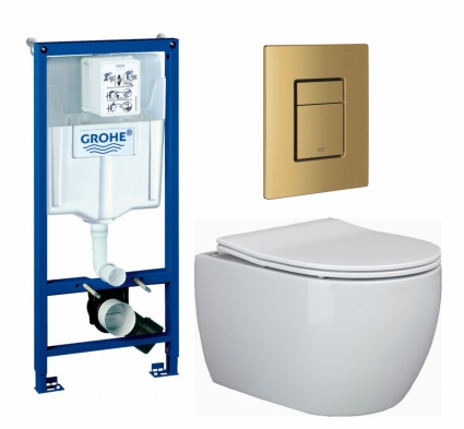 Комплект 3 в 1 инсталляция Grohe Rapid SL + Унитаз подвесной Ceramica Nova Play CN3001 + кнопка золото, холодный рассвет матовый