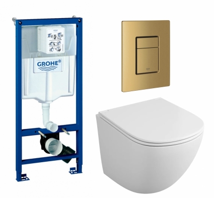 Комплект 3 в 1 инсталляция Grohe Rapid SL + Унитаз подвесной Owl 1975 Vind TOWLT190302 + кнопка золото, холодный рассвет матовый