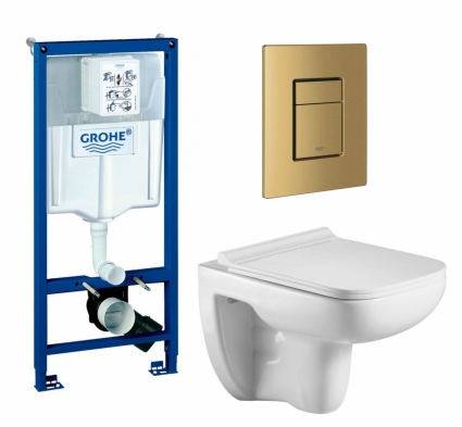 Комплект 3 в 1 инсталляция Grohe Rapid SL + Подвесной унитаз WeltWasser Kehlbach 004 GL-WT + кнопка золото, холодный рассвет матовый