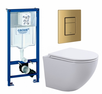 Комплект 3 в 1 инсталляция Grohe Rapid SL + Подвесной унитаз SinteSi EVI + кнопка золото, холодный рассвет матовый