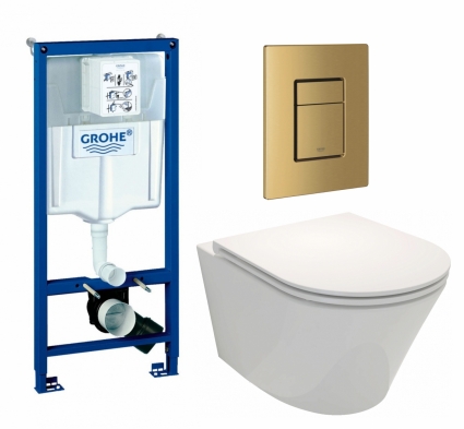 Комплект 3 в 1 инсталляция Grohe Rapid SL + Унитаз подвесной Jacob Delafon Rodin+ EDY102-00 + кнопка золото, холодный рассвет матовый