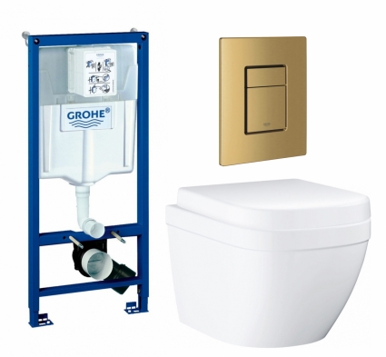 Комплект 3 в 1 инсталляция Grohe Rapid SL + Унитаз подвесной Grohe Euro Ceramic 39206000 + кнопка золото, холодный рассвет матовый