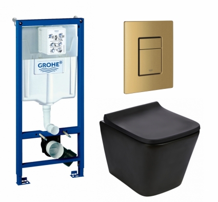 Комплект 3 в 1 инсталляция Grohe Rapid SL + Подвесной унитаз WeltWasser Gelbach 043 MT-BL + кнопка золото, холодный рассвет матовый