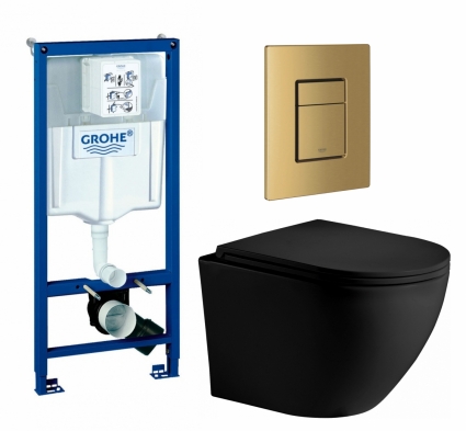 Комплект 3 в 1 инсталляция Grohe Rapid SL + Унитаз подвесной Weltwasser WW Merzbach 043 MT-BL + кнопка золото, холодный рассвет матовый