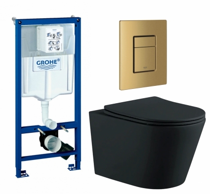 Комплект 3 в 1 инсталляция Grohe Rapid SL + Унитаз подвесной AQUATEK Вега AQ1905-MB + кнопка золото, холодный рассвет матовый