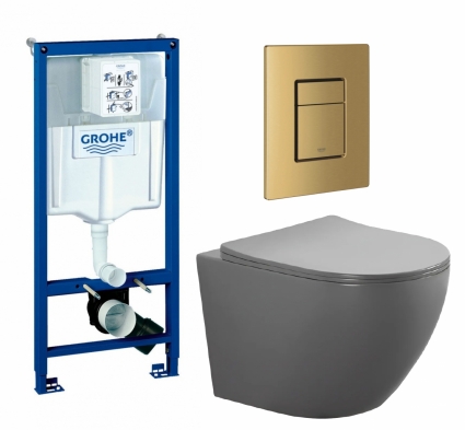 Комплект 3 в 1 инсталляция Grohe Rapid SL + Унитаз подвесной AQUATEK Европа AQ1901-MG + кнопка золото, холодный рассвет матовый