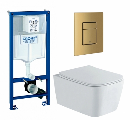 Комплект 3 в 1 инсталляция Grohe Rapid SL + Унитаз подвесной AQUATEK Либра New AQ1148N-00 + кнопка золото, холодный рассвет матовый