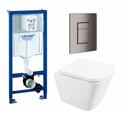 Комплект 3 в 1 инсталляция Grohe Rapid SL + Унитаз подвесной BelBagno Due BB3103CHR/SC + кнопка темный графит