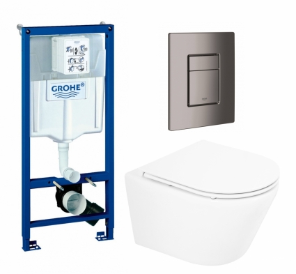Комплект 3 в 1 инсталляция Grohe Rapid SL + Унитаз подвесной BelBagno Tre BB8001CHR/SC + кнопка темный графит