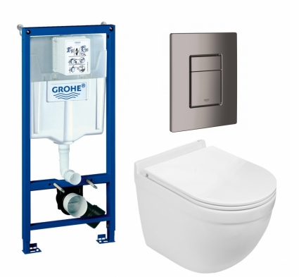 Комплект 3 в 1 инсталляция Grohe Rapid SL + Подвесной унитаз WeltWasser Heimbach 043 GL-WT + кнопка темный графит