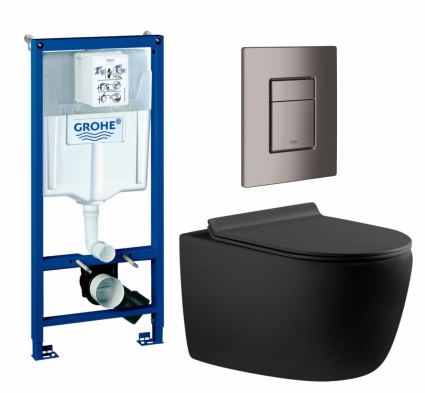 Комплект 3 в 1 инсталляция Grohe Rapid SL + Унитаз подвесной Aquanet Cetus-BW 287008 + кнопка темный графит