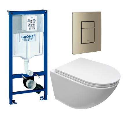 Комплект 3 в 1 инсталляция Grohe Rapid SL + Подвесной безободковый унитаз CeruttiSpa Sella aria CT7183 + кнопка никель матовый