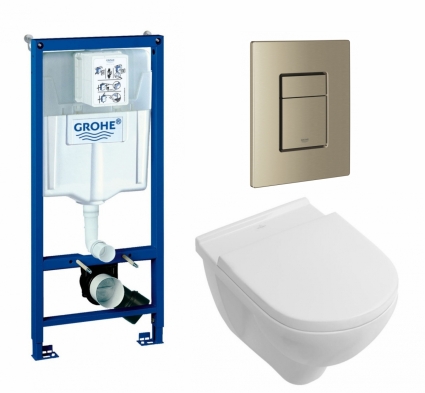 Комплект 3 в 1 инсталляция Grohe Rapid SL + Унитаз подвесной Villeroy & Boch O Novo + кнопка никель матовый