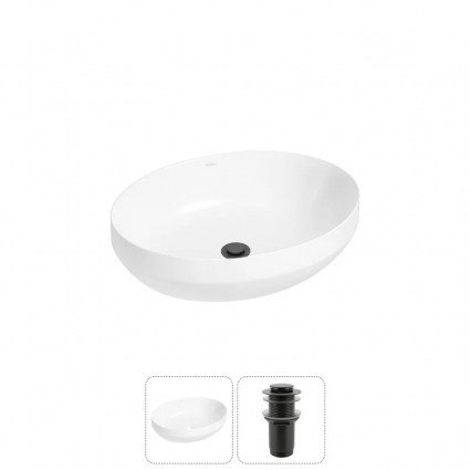 Накладная раковина для ванной комнаты Wellsee Air Gap R 20212390R в наборе 2 в 1: раковина белый глянец, донный клапан в цвете матовый черный
