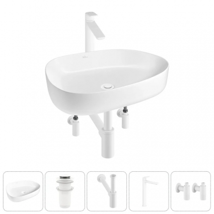 Накладная раковина для ванной комнаты Wellsee Belle Spa 3.0 20212732R в наборе 5 в 1: раковина белый глянец, донный клапан, сифон, смеситель, вентили (цвет набора матовый белый)