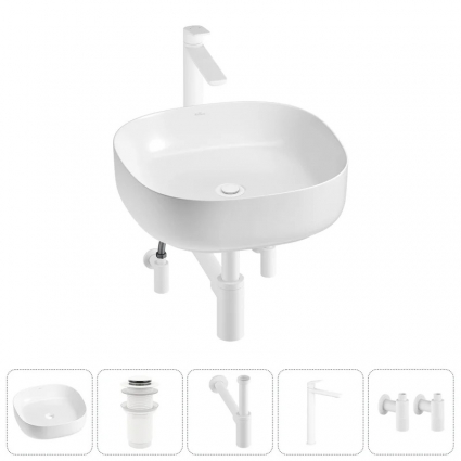 Накладная раковина для ванной комнаты Wellsee Belle Spa 3.0 20212704R в наборе 5 в 1: раковина белый глянец, донный клапан, сифон, смеситель, вентили (цвет набора матовый белый)