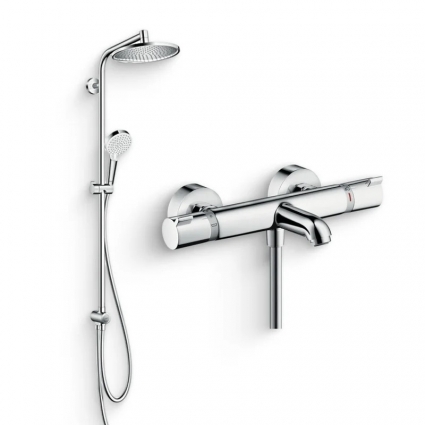 Душевой комплект Термостат Hansgrohe Ecostat Comfort 13114000 для ванны с душем, хром + Стойка Crometta S 240 1jet Showerpipe Rеno 27270000 EcoSmart в современном стиле