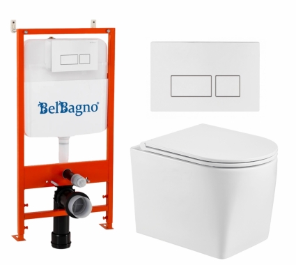Комплект 3 в 1 инсталляция BelBagno BB026/BB042BL + Унитаз подвесной WeltWasser Nesenbach 004 GL-WT + кнопка белая глянцевая