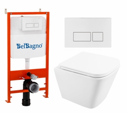 Комплект 3 в 1 инсталляция BelBagno BB026/BB042BL + Унитаз подвесной BelBagno Due BB3103CHR/SC + кнопка белая глянцевая