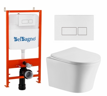 Комплект 3 в 1 инсталляция BelBagno BB026/BB042BL + Подвесной унитаз CeruttiSpa Adige Aria CT7837 + кнопка белая глянцевая