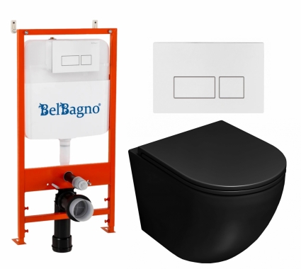 Комплект 3 в 1 инсталляция BelBagno BB026/BB042BL + Унитаз подвесной Lorne Pilpao BL LN5007503 + кнопка белая глянцевая