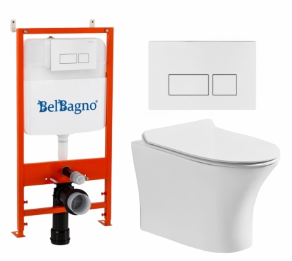 Комплект 3 в 1 инсталляция BelBagno BB026/BB042BL + Подвесной безободковый унитаз CeruttiSpa Bernina aria CT7191 + кнопка белая глянцевая
