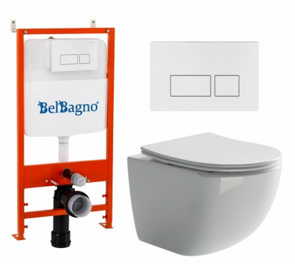 Комплект 3 в 1 инсталляция BelBagno BB026/BB042BL + Унитаз подвесной Ceramica Nova Forma CN3009 + кнопка белая глянцевая