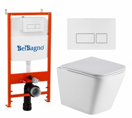 Комплект 3 в 1 инсталляция BelBagno BB026/BB042BL + Подвесной унитаз WeltWasser Gelbach 043 GL-WT + кнопка белая глянцевая