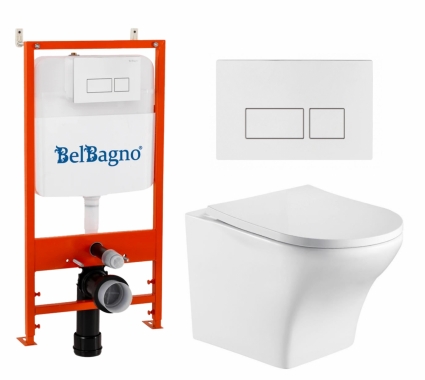 Комплект 3 в 1 инсталляция BelBagno BB026/BB042BL + Подвесной унитаз WeltWasser Odenbach 004 GL-WT + кнопка белая глянцевая