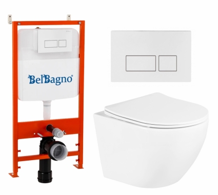 Комплект 3 в 1 инсталляция BelBagno BB026/BB042BL + Унитаз подвесной BelBagno Uno BB3105CHR/SC + кнопка белая глянцевая