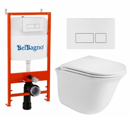 Комплект 3 в 1 инсталляция BelBagno BB026/BB042BL + Подвесной унитаз WeltWasser Telbach 004 GL-WT + кнопка белая глянцевая