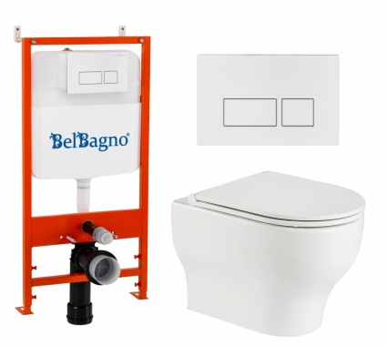 Комплект 3 в 1 инсталляция BelBagno BB026/BB042BL + Подвесной унитаз WeltWasser Erlenbach 004 GL-WT + кнопка белая глянцевая