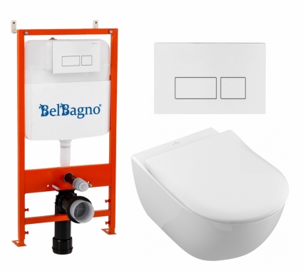 Комплект 3 в 1 инсталляция BelBagno BB026/BB042BL + Унитаз подвесной Villeroy & Boch Subway 2.0 5614R201 + кнопка белая глянцевая
