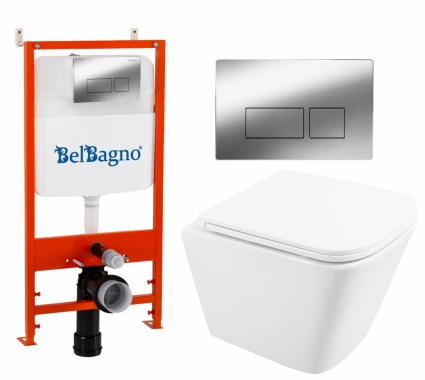 Комплект 3 в 1 инсталляция BelBagno BB026/BB041CR +   Унитаз подвесной BelBagno Due BB3103CHR/SC + кнопка хром глянцевая
