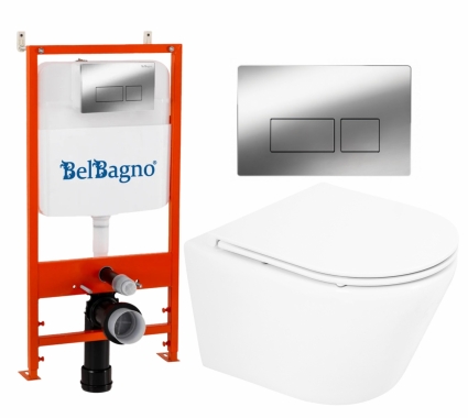 Комплект 3 в 1 инсталляция BelBagno BB026/BB041CR + Унитаз подвесной BelBagno Tre BB8001CHR/SC + кнопка хром глянцевая