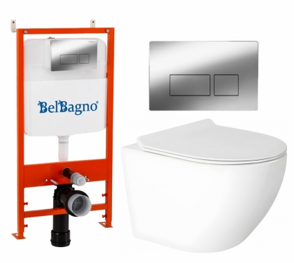 Комплект 3 в 1 инсталляция BelBagno BB026/BB041CR + Унитаз подвесной Enio Indigo EN2870533 + кнопка хром глянцевая